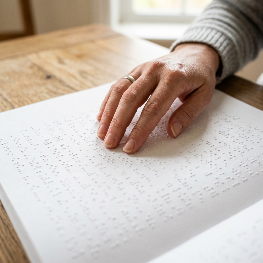 Mano tocando documento con impresión de braille en papel